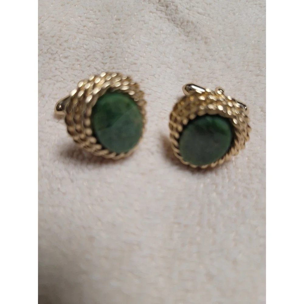 Vintage Gold Tone Green Stone Oval Cufflinks Textured‎ Rope Border Mens Jewelry